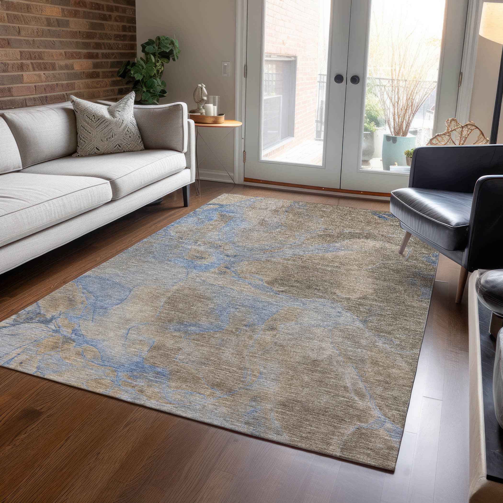 3' X 5' Taupe Beige And Blue Abstract Washable Indoor Outdoor Area Rug