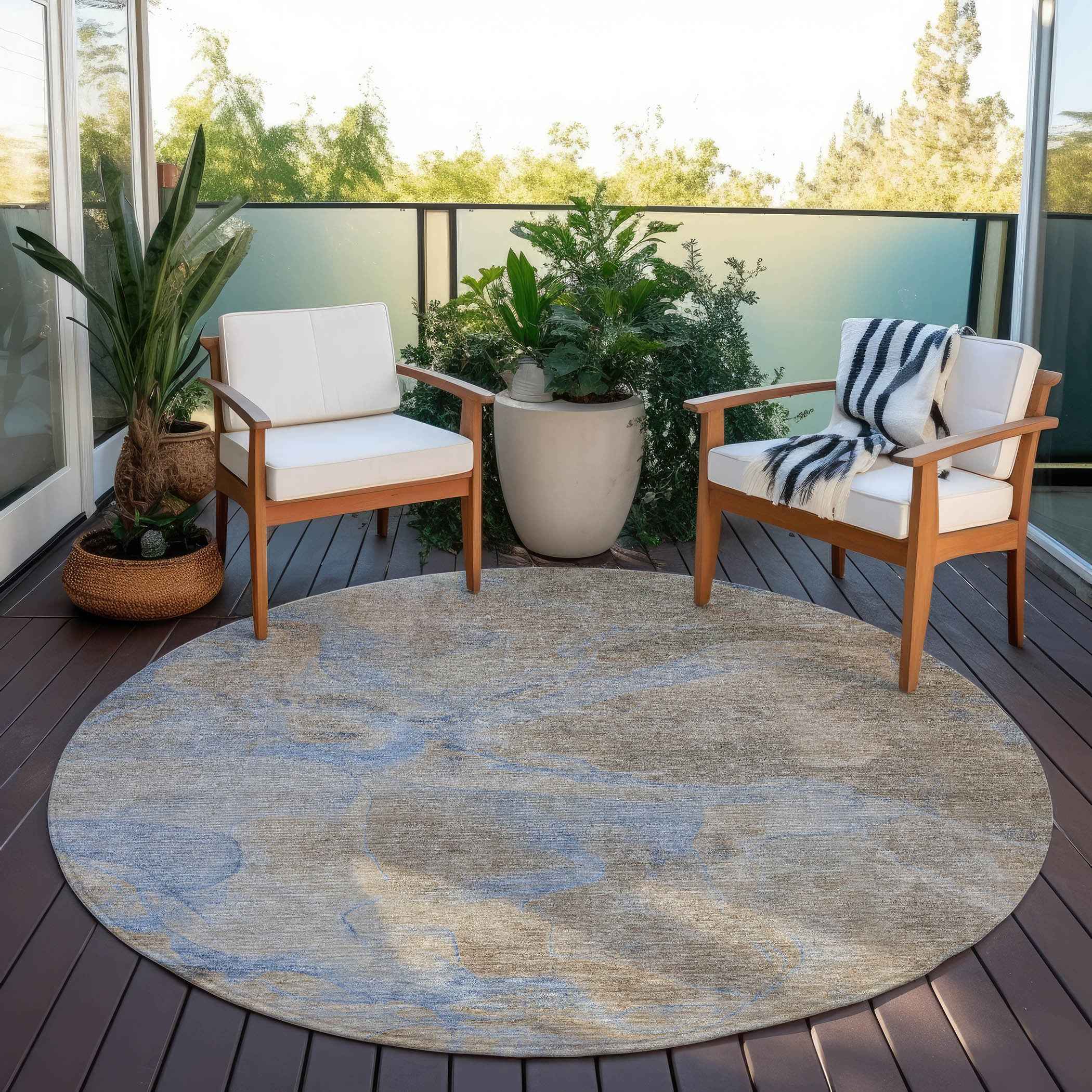 8' Taupe Beige And Blue Round Abstract Washable Indoor Outdoor Area Rug