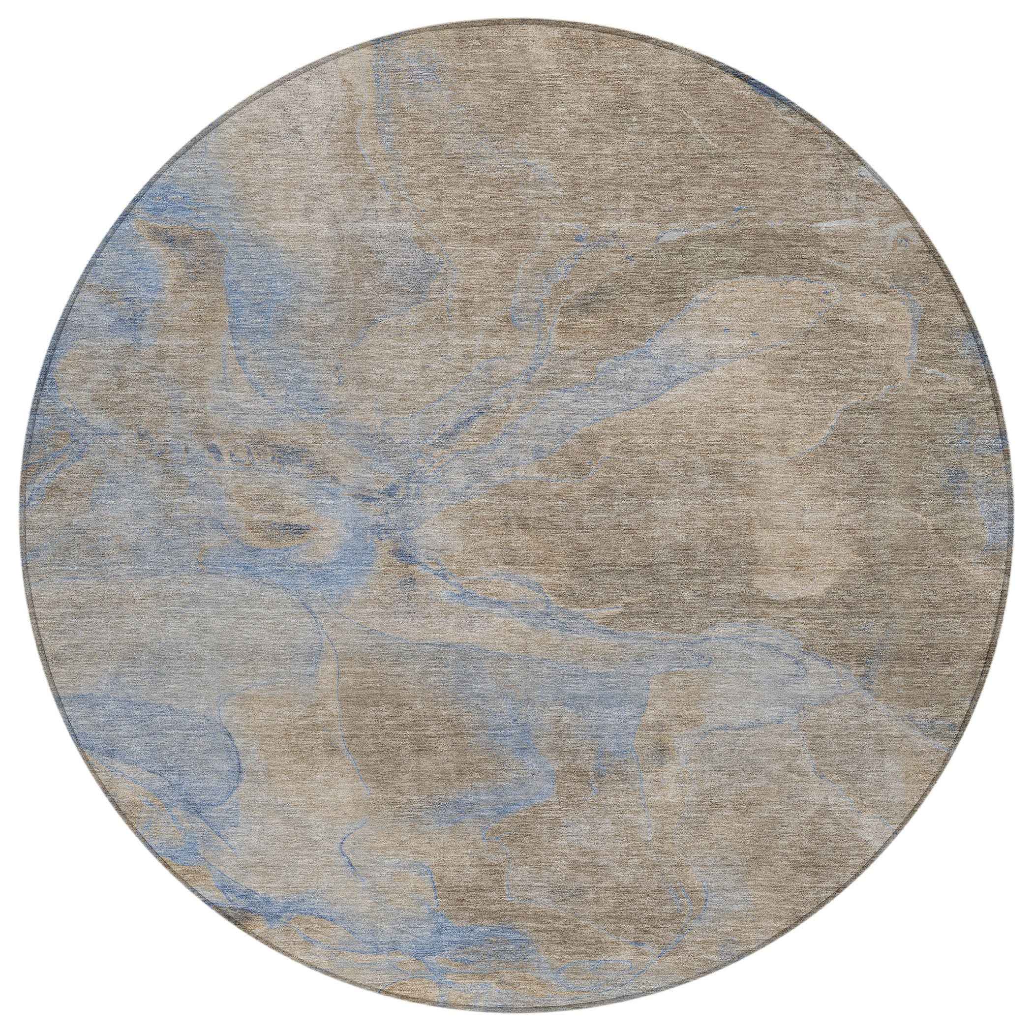 8' Taupe Beige And Blue Round Abstract Washable Indoor Outdoor Area Rug