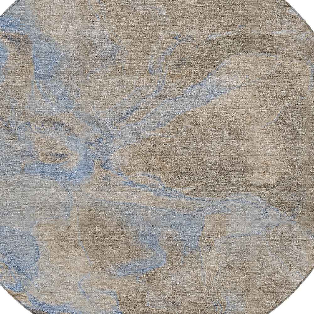 8' Taupe Beige And Blue Round Abstract Washable Indoor Outdoor Area Rug