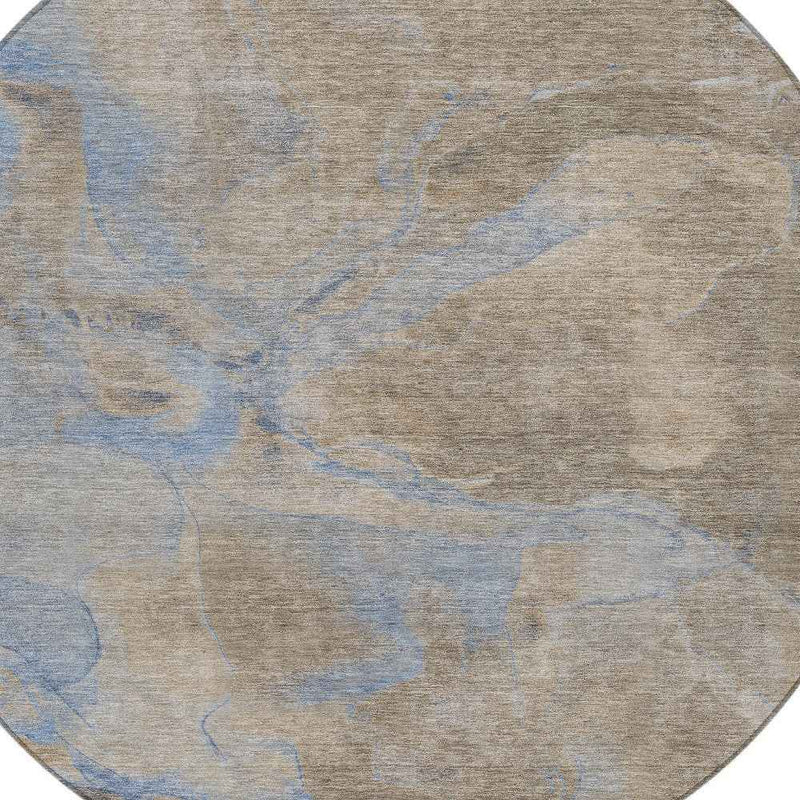 8' Taupe Beige And Blue Round Abstract Washable Indoor Outdoor Area Rug