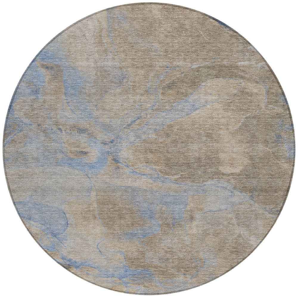 8' Taupe Beige And Blue Round Abstract Washable Indoor Outdoor Area Rug