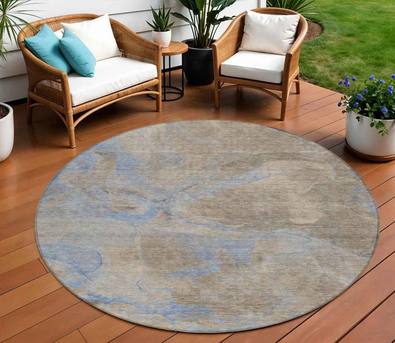 8' Taupe Beige And Blue Round Abstract Washable Indoor Outdoor Area Rug
