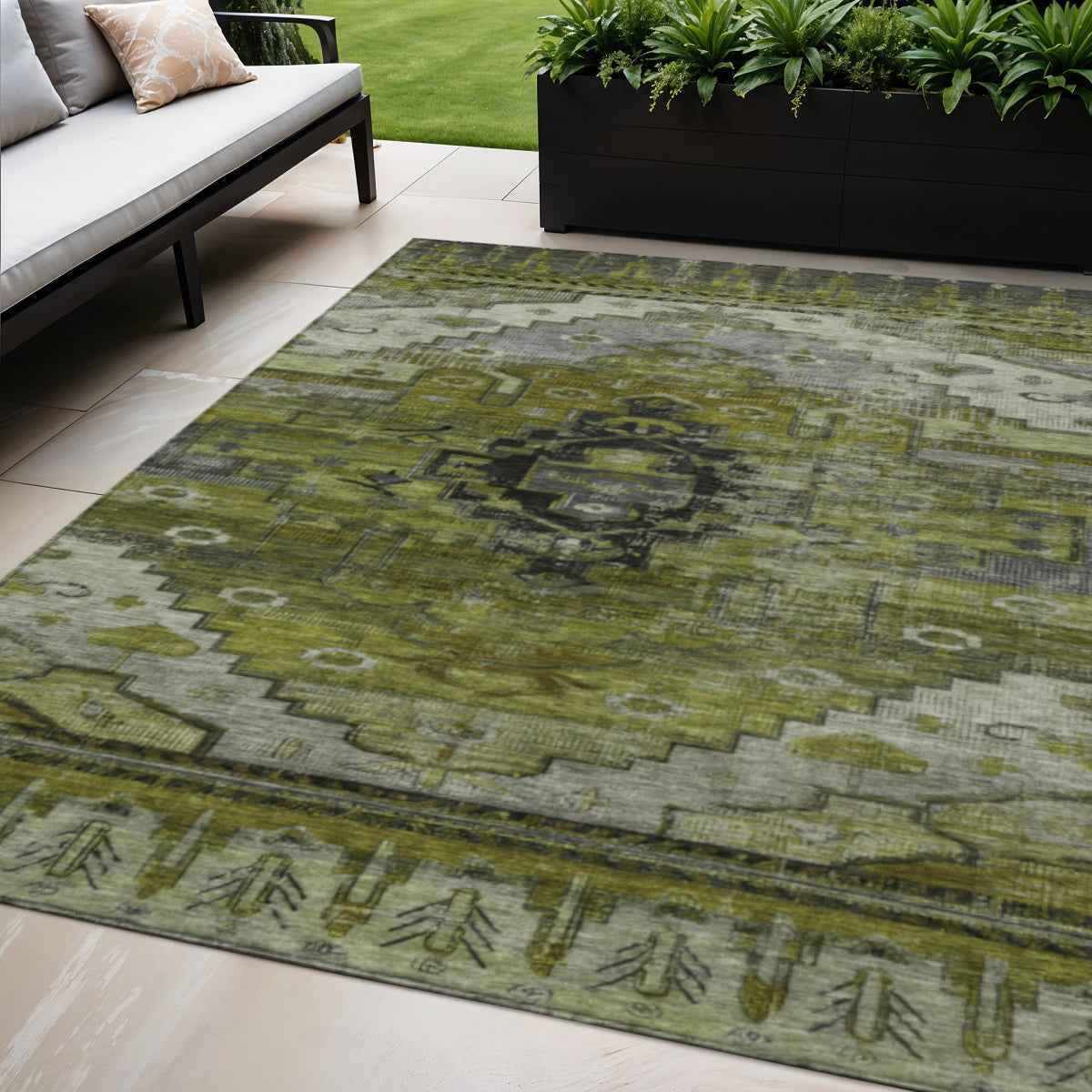 5' X 8' Olive Green Ivory And Gray Tribal Washable Indoor Outdoor Area Rug