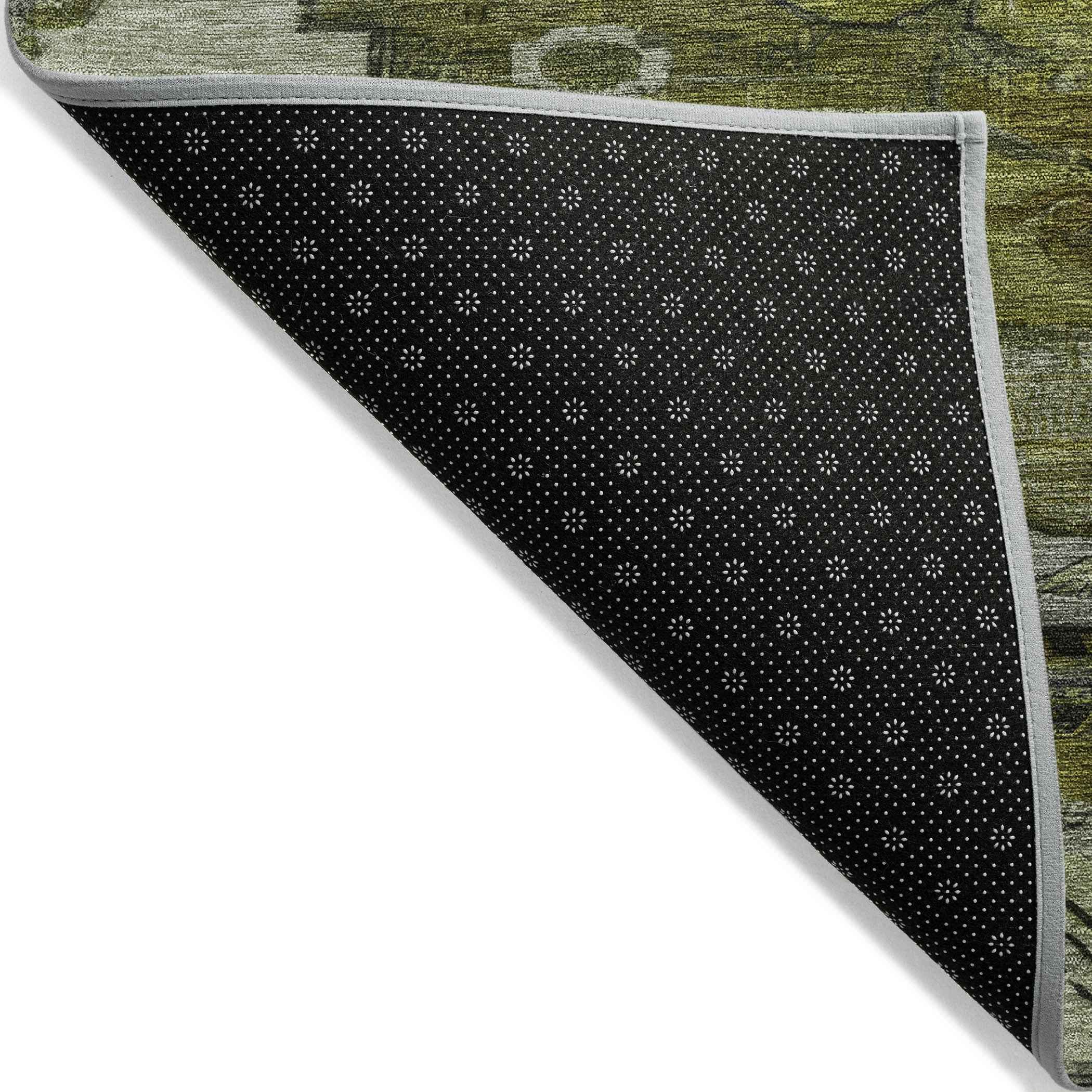 5' X 8' Olive Green Ivory And Gray Tribal Washable Indoor Outdoor Area Rug