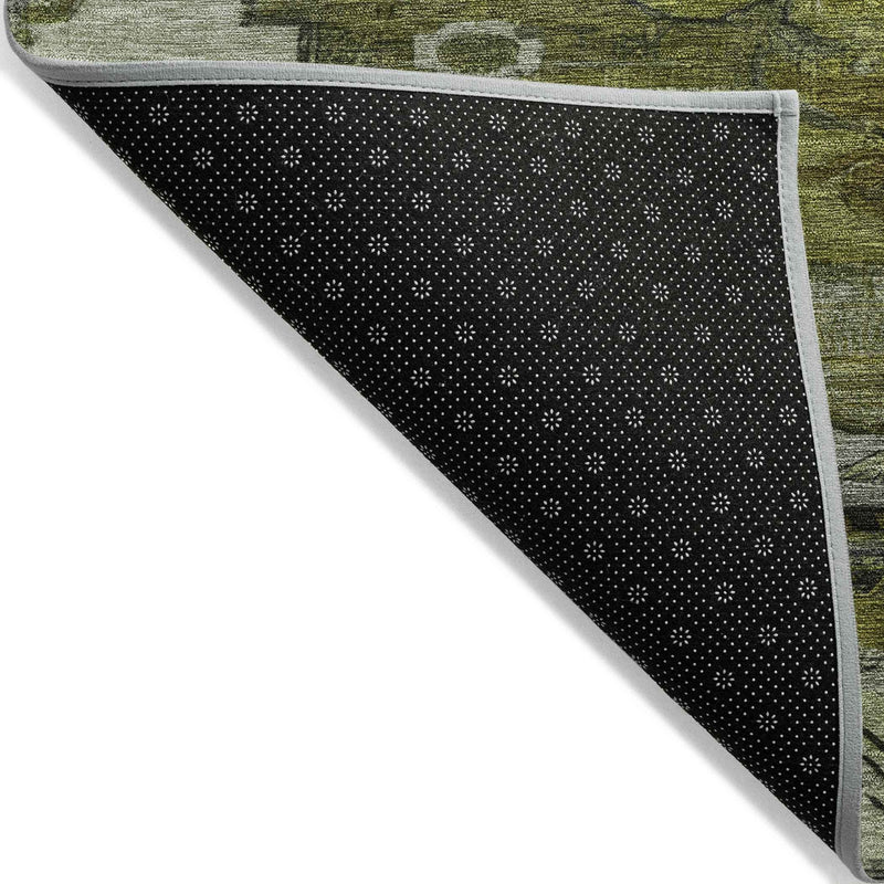 5' X 8' Olive Green Ivory And Gray Tribal Washable Indoor Outdoor Area Rug