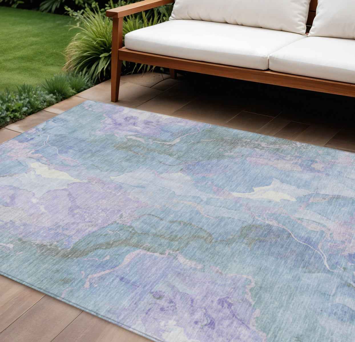 9' X 12' Lavender And Sky Blue Abstract Washable Indoor Outdoor Area Rug