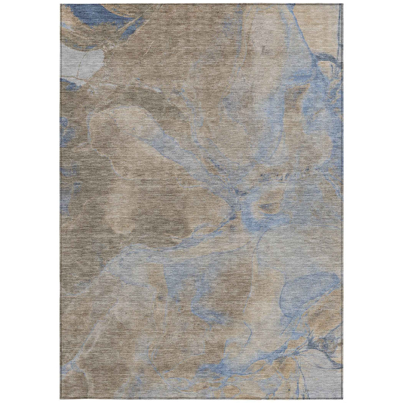 5' X 8' Taupe Beige And Blue Abstract Washable Indoor Outdoor Area Rug
