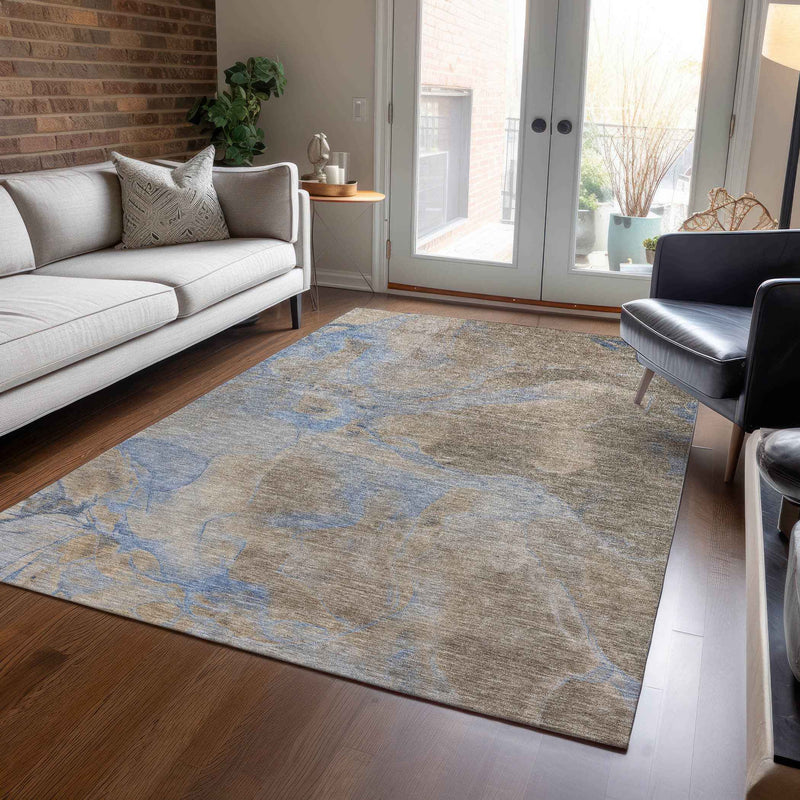 5' X 8' Taupe Beige And Blue Abstract Washable Indoor Outdoor Area Rug