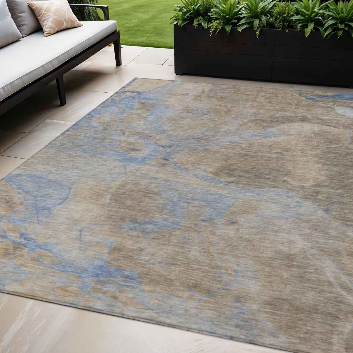 5' X 8' Taupe Beige And Blue Abstract Washable Indoor Outdoor Area Rug