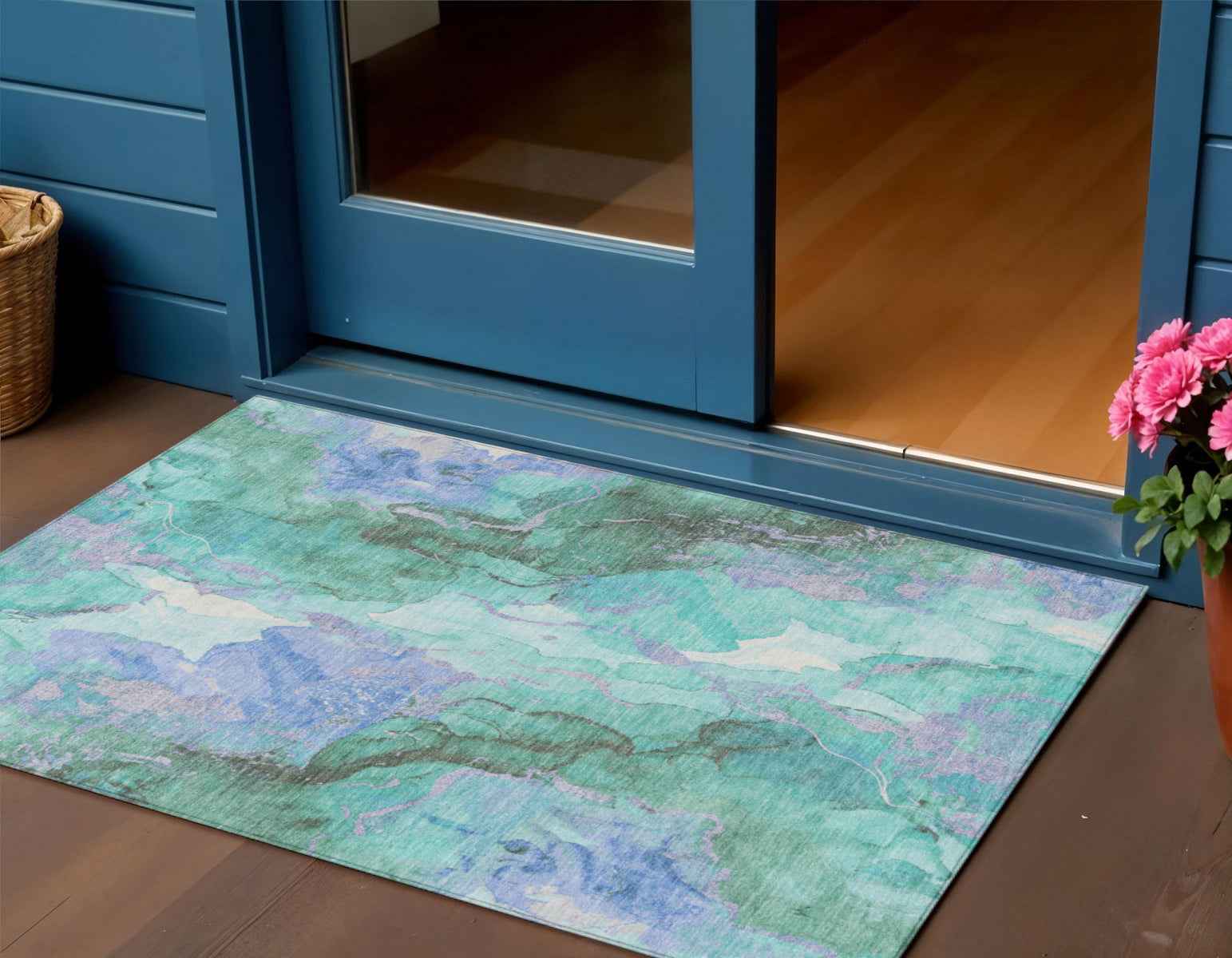 3' X 5' Teal Blue And Mint Green Abstract Washable Indoor Outdoor Area Rug