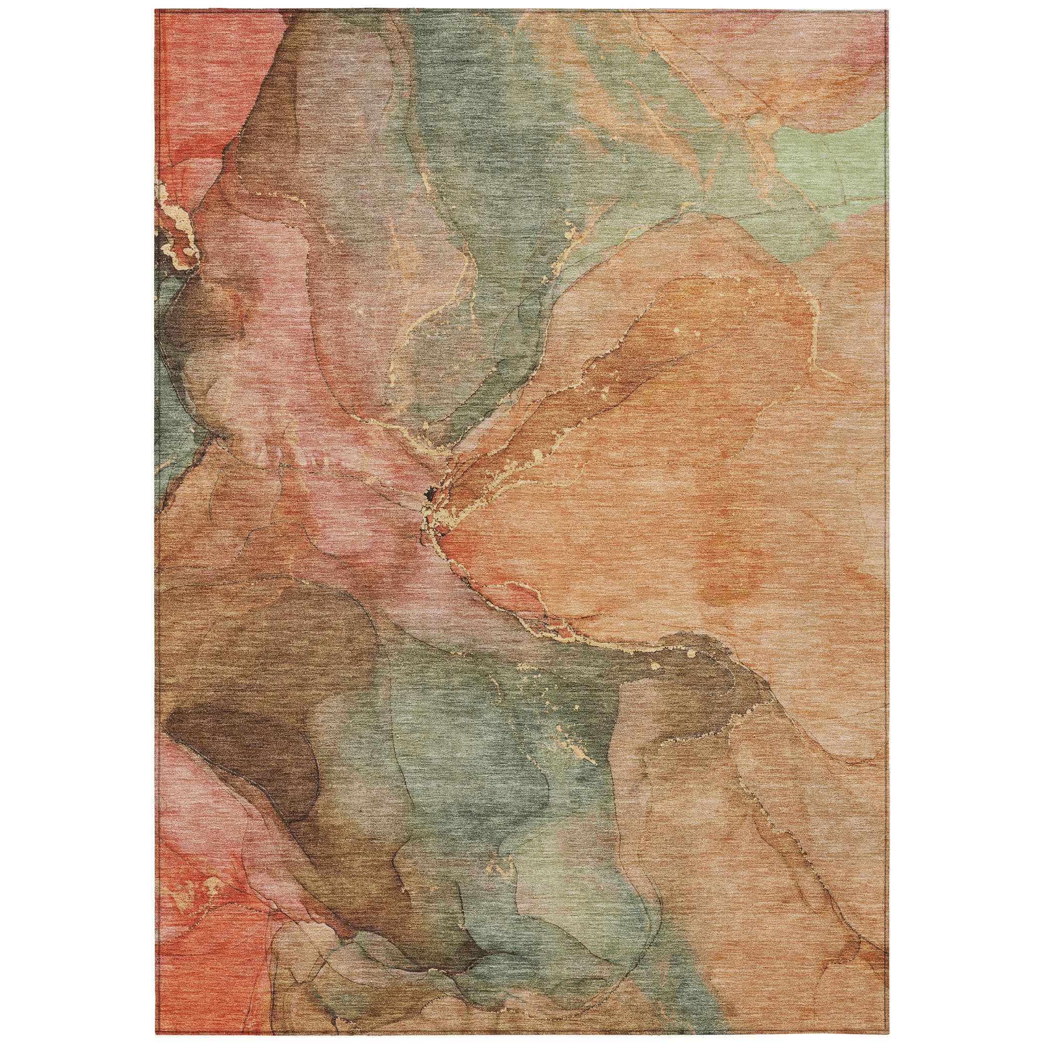 9' X 12' Coral Brown And Mint Green Abstract Washable Indoor Outdoor Area Rug