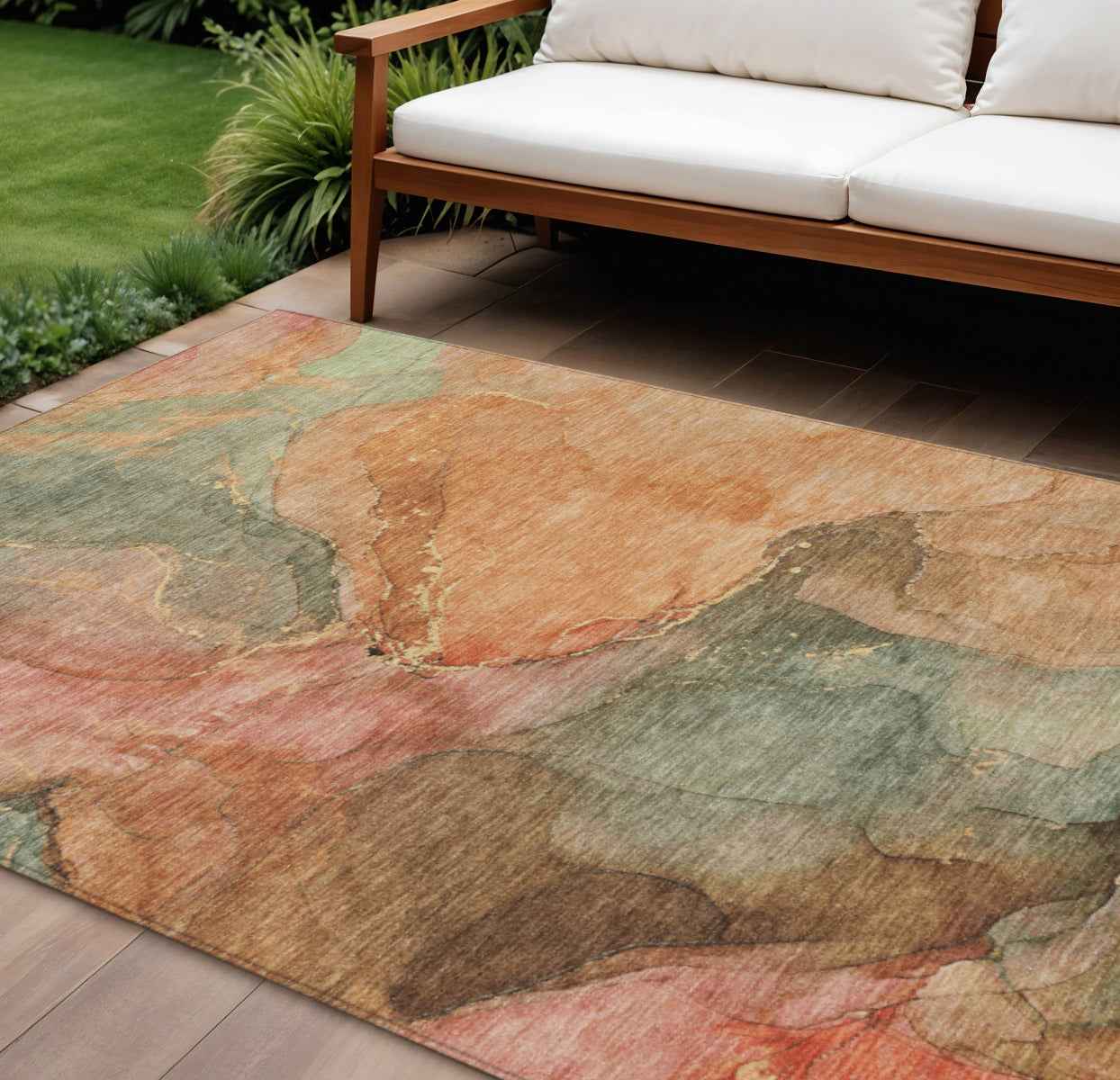 9' X 12' Coral Brown And Mint Green Abstract Washable Indoor Outdoor Area Rug