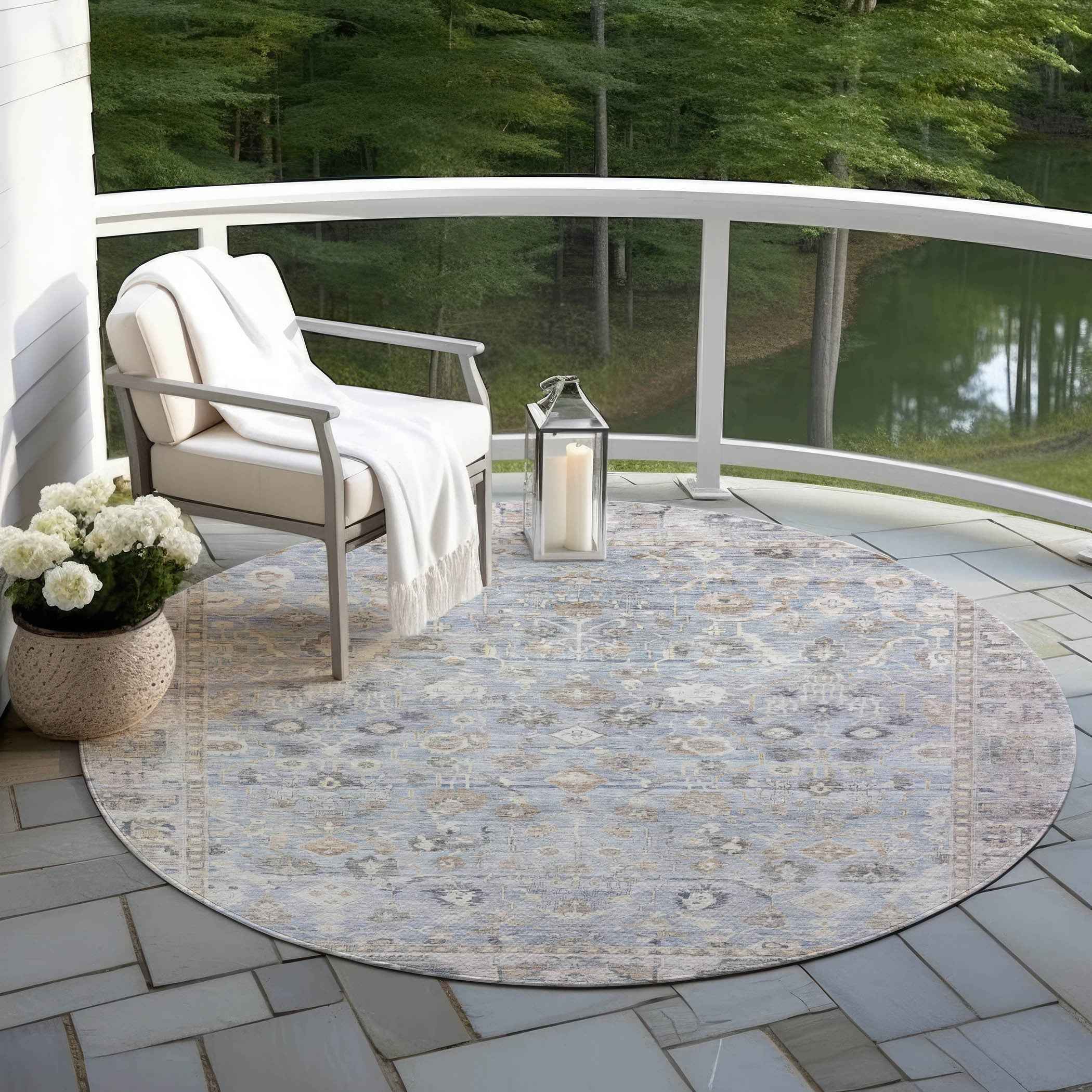 8' Sky Blue Brown And Ivory Round Oriental Washable Indoor Outdoor Area Rug