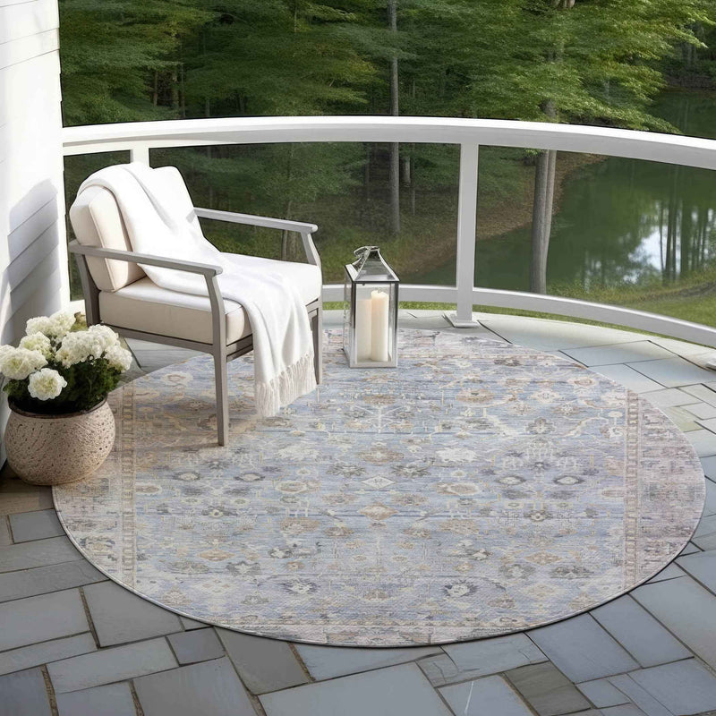 8' Sky Blue Brown And Ivory Round Oriental Washable Indoor Outdoor Area Rug