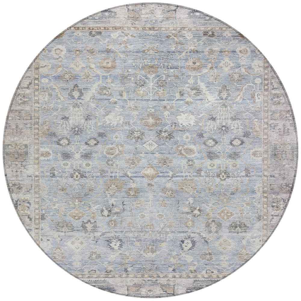 8' Sky Blue Brown And Ivory Round Oriental Washable Indoor Outdoor Area Rug