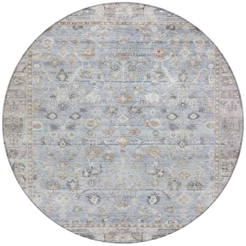 8' Sky Blue Brown And Ivory Round Oriental Washable Indoor Outdoor Area Rug