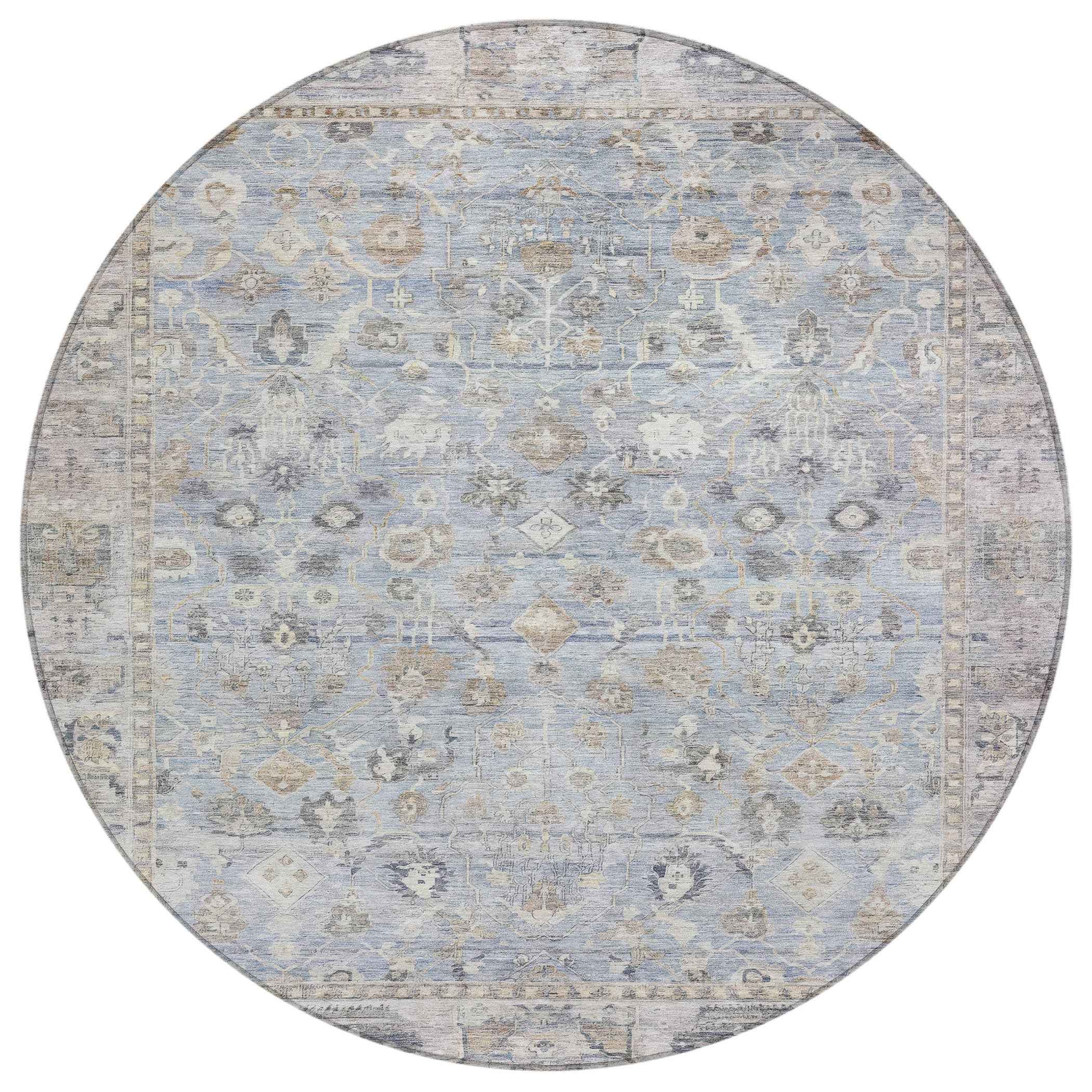 8' Sky Blue Brown And Ivory Round Oriental Washable Indoor Outdoor Area Rug