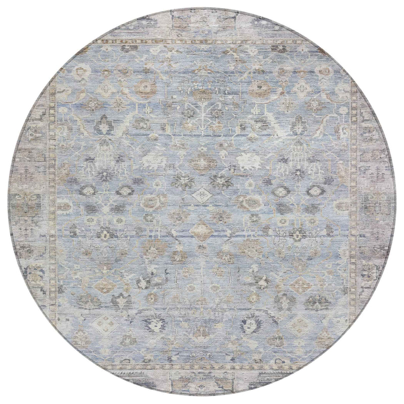 8' Sky Blue Brown And Ivory Round Oriental Washable Indoor Outdoor Area Rug