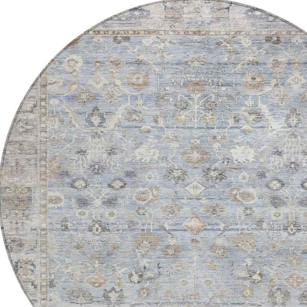 8' Sky Blue Brown And Ivory Round Oriental Washable Indoor Outdoor Area Rug
