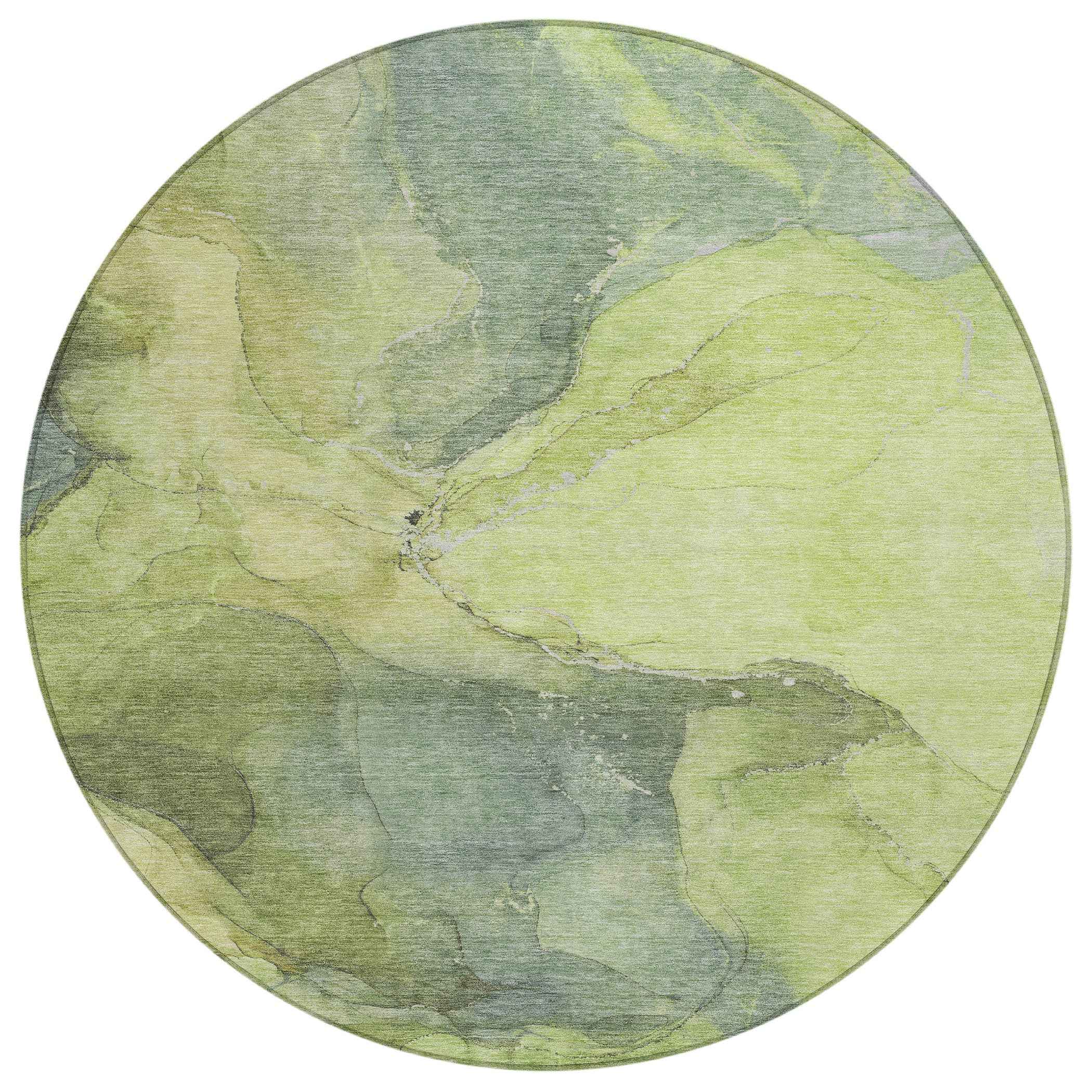 8' Green And Gray Round Abstract Washable Indoor Outdoor Area Rug