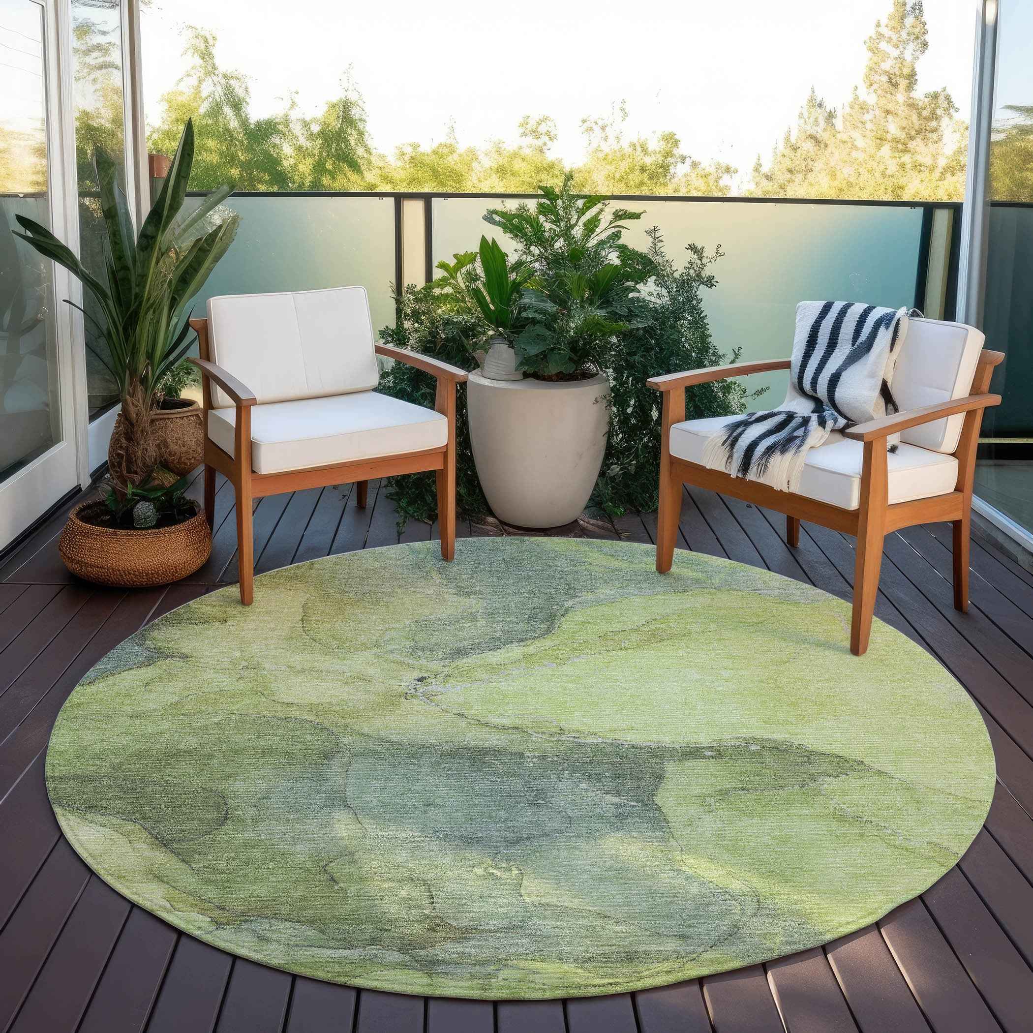 8' Green And Gray Round Abstract Washable Indoor Outdoor Area Rug