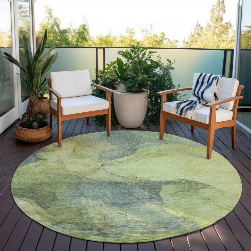 8' Green And Gray Round Abstract Washable Indoor Outdoor Area Rug