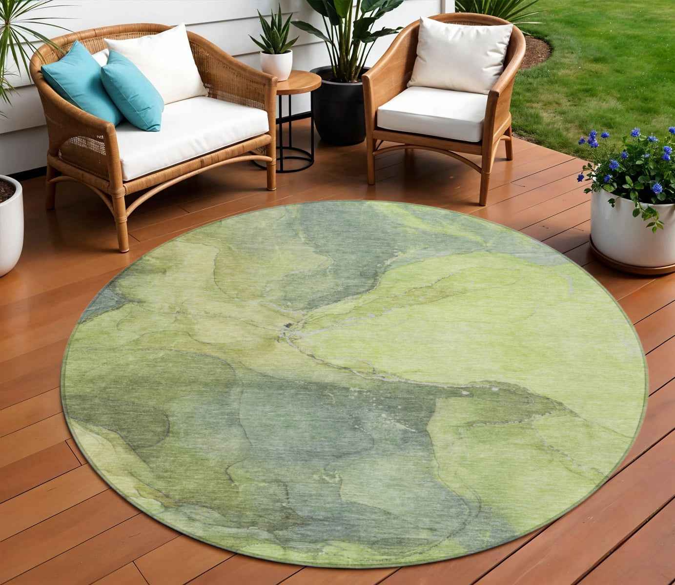 8' Green And Gray Round Abstract Washable Indoor Outdoor Area Rug