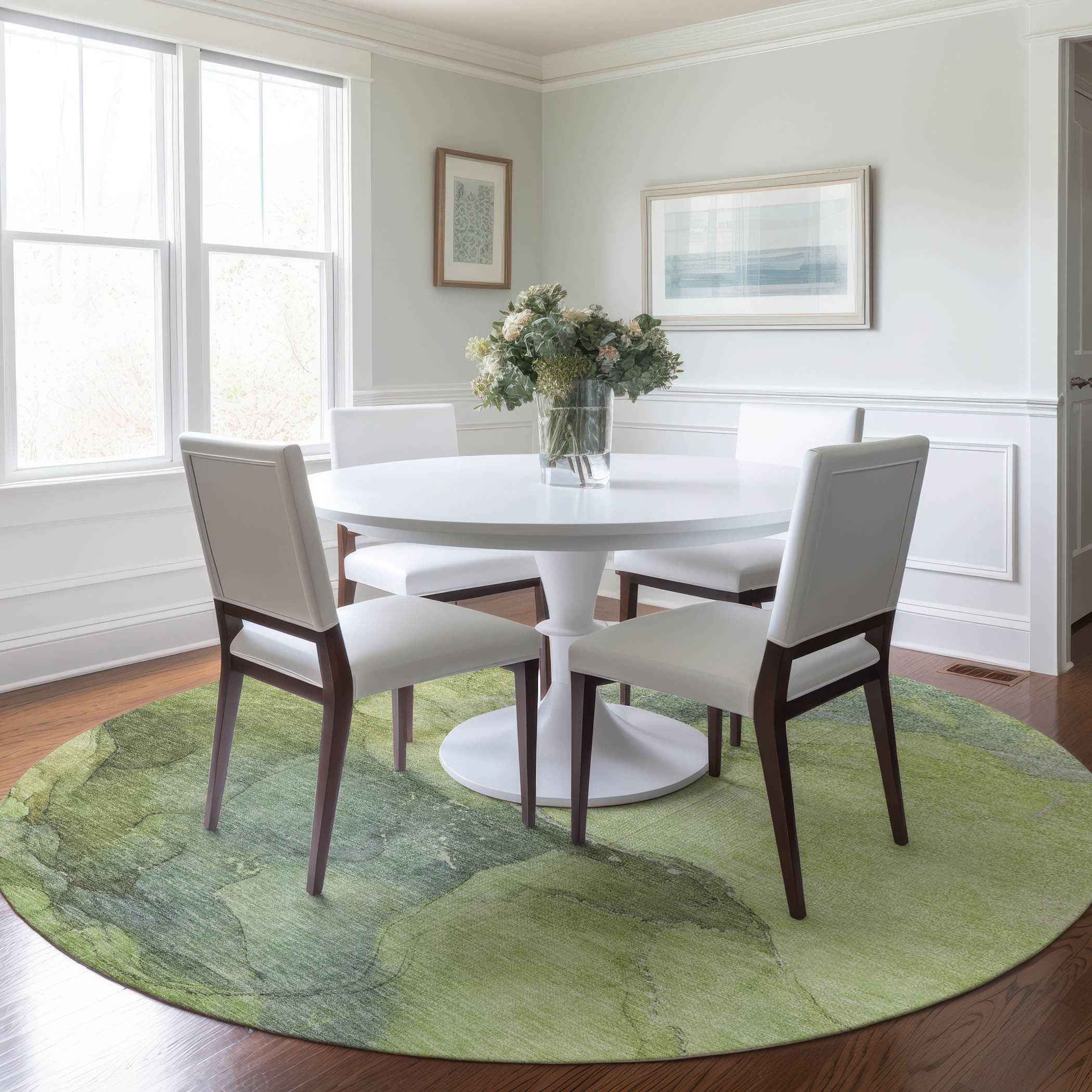 8' Green And Gray Round Abstract Washable Indoor Outdoor Area Rug