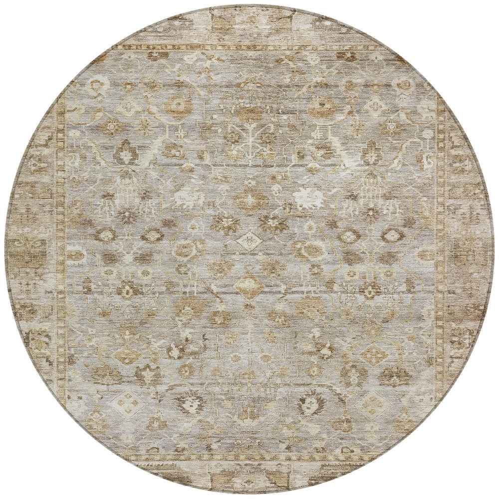 8' Taupe Brown And Ivory Round Oriental Washable Indoor Outdoor Area Rug