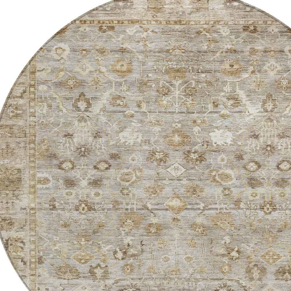 8' Taupe Brown And Ivory Round Oriental Washable Indoor Outdoor Area Rug
