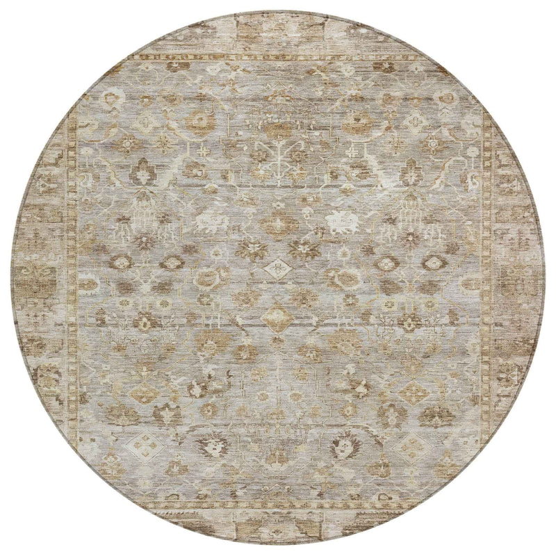8' Taupe Brown And Ivory Round Oriental Washable Indoor Outdoor Area Rug