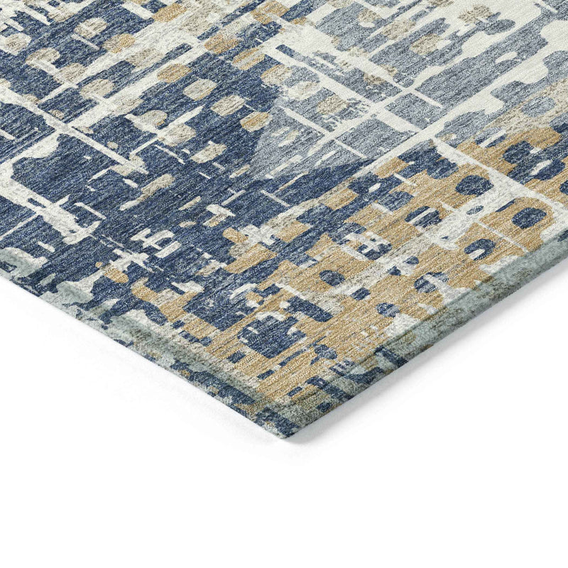 8' Navy Blue And Beige Round Geometric Washable Indoor Outdoor Area Rug