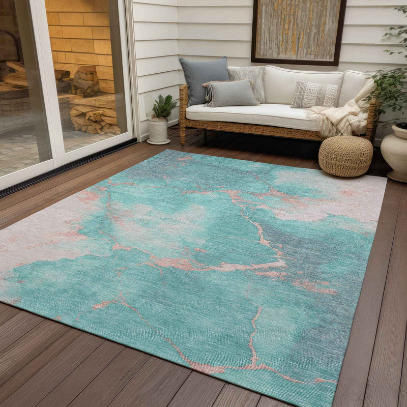 10' X 14' Teal Blue Peach And Ivory Abstract Washable Indoor Outdoor Area Rug
