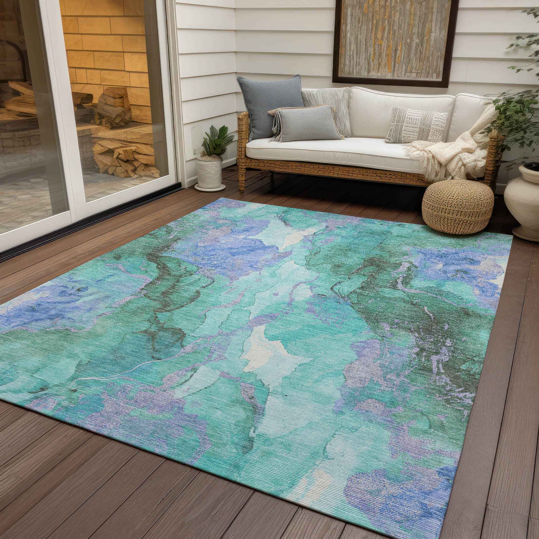 8' X 10' Teal Blue And Mint Green Abstract Washable Indoor Outdoor Area Rug