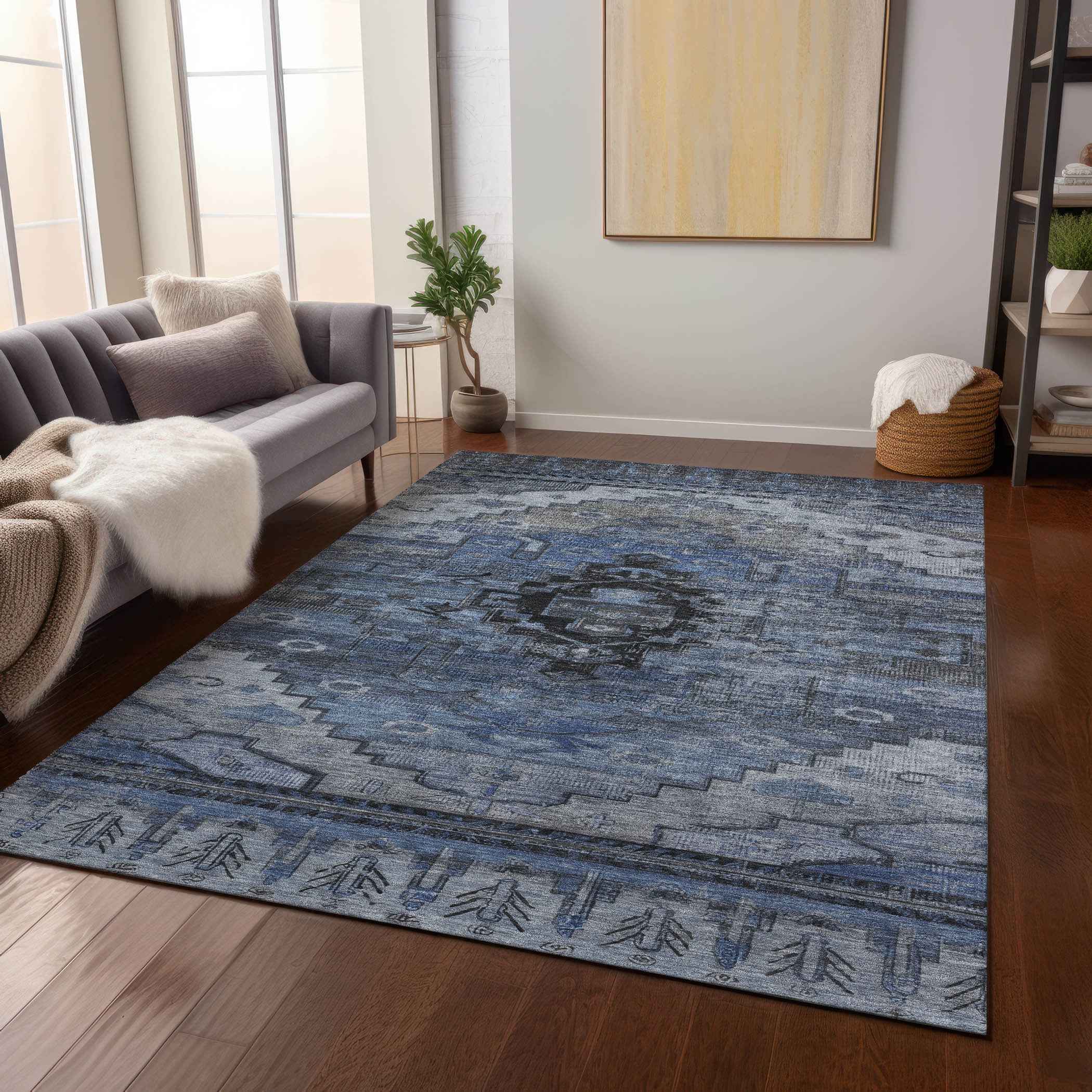 9' X 12' Blue Ivory And Gray Tribal Washable Indoor Outdoor Area Rug
