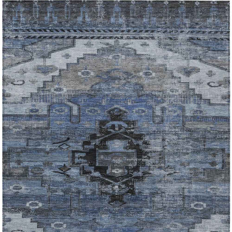 9' X 12' Blue Ivory And Gray Tribal Washable Indoor Outdoor Area Rug