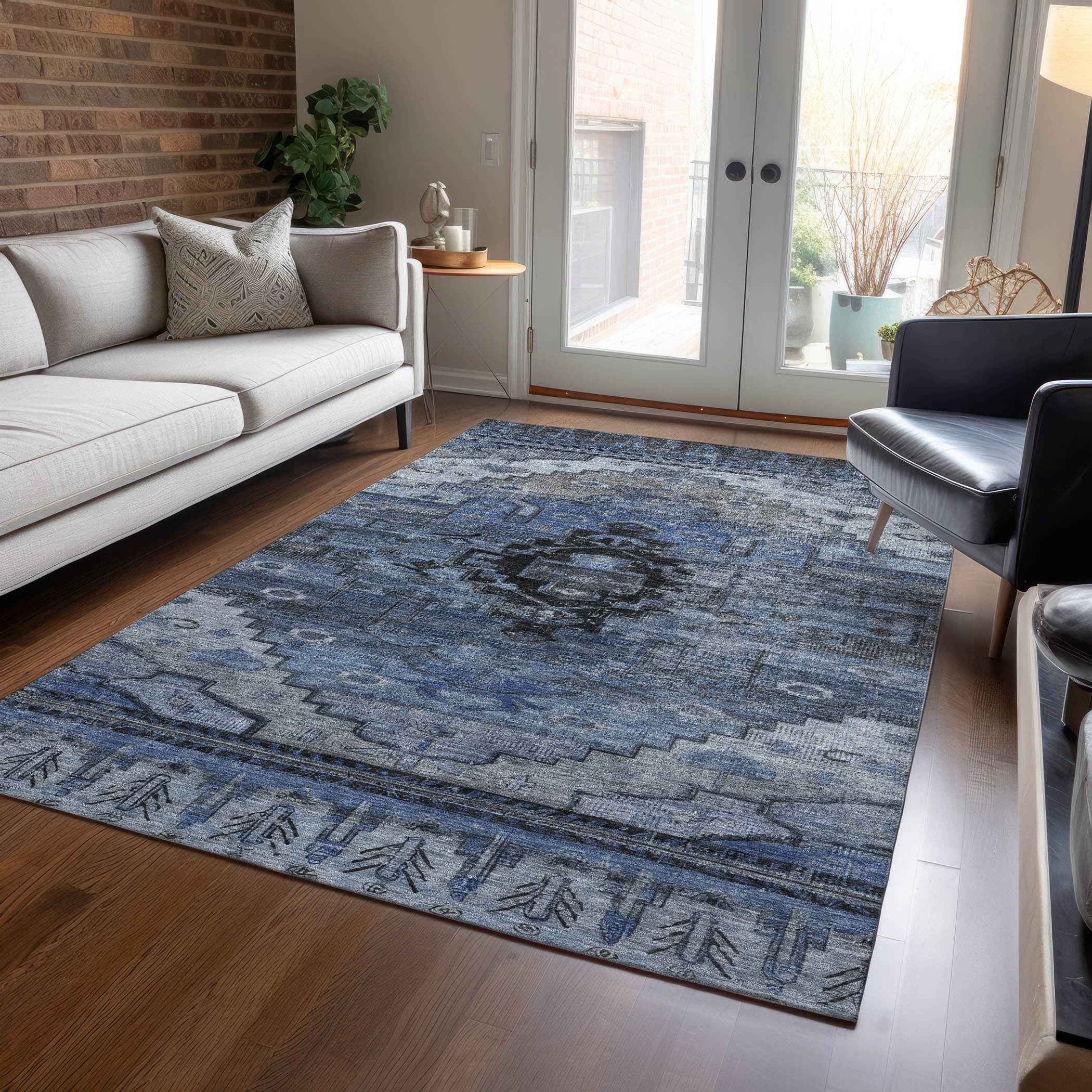 9' X 12' Blue Ivory And Gray Tribal Washable Indoor Outdoor Area Rug