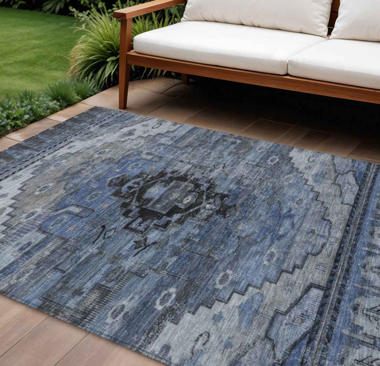 9' X 12' Blue Ivory And Gray Tribal Washable Indoor Outdoor Area Rug