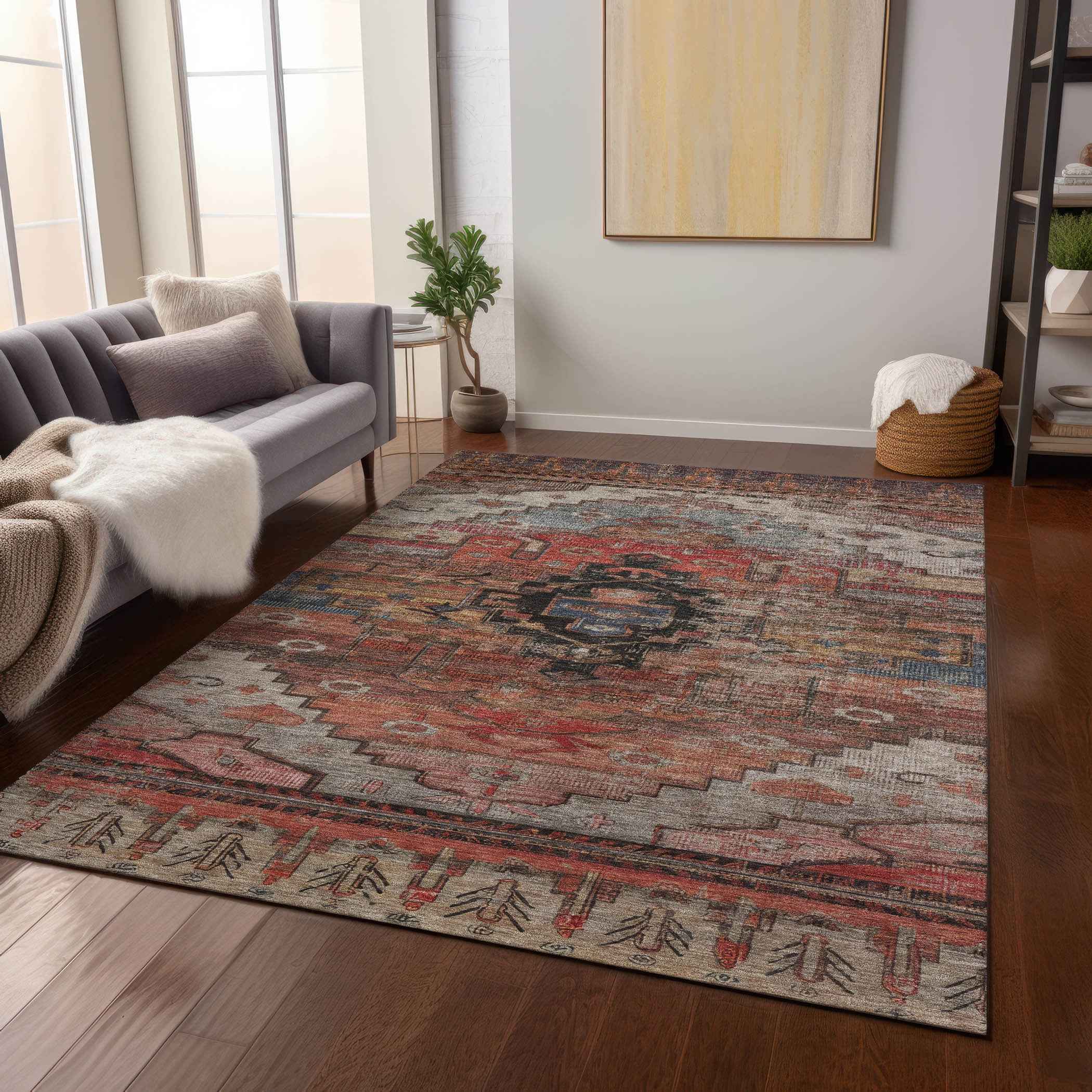 5' X 8' Rust Ivory And Gray Tribal Washable Indoor Outdoor Area Rug