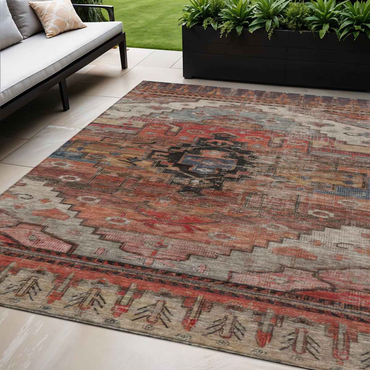 5' X 8' Rust Ivory And Gray Tribal Washable Indoor Outdoor Area Rug