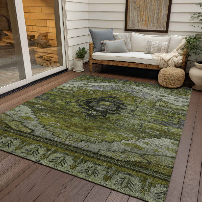 10' X 14' Olive Green Ivory And Gray Tribal Washable Indoor Outdoor Area Rug