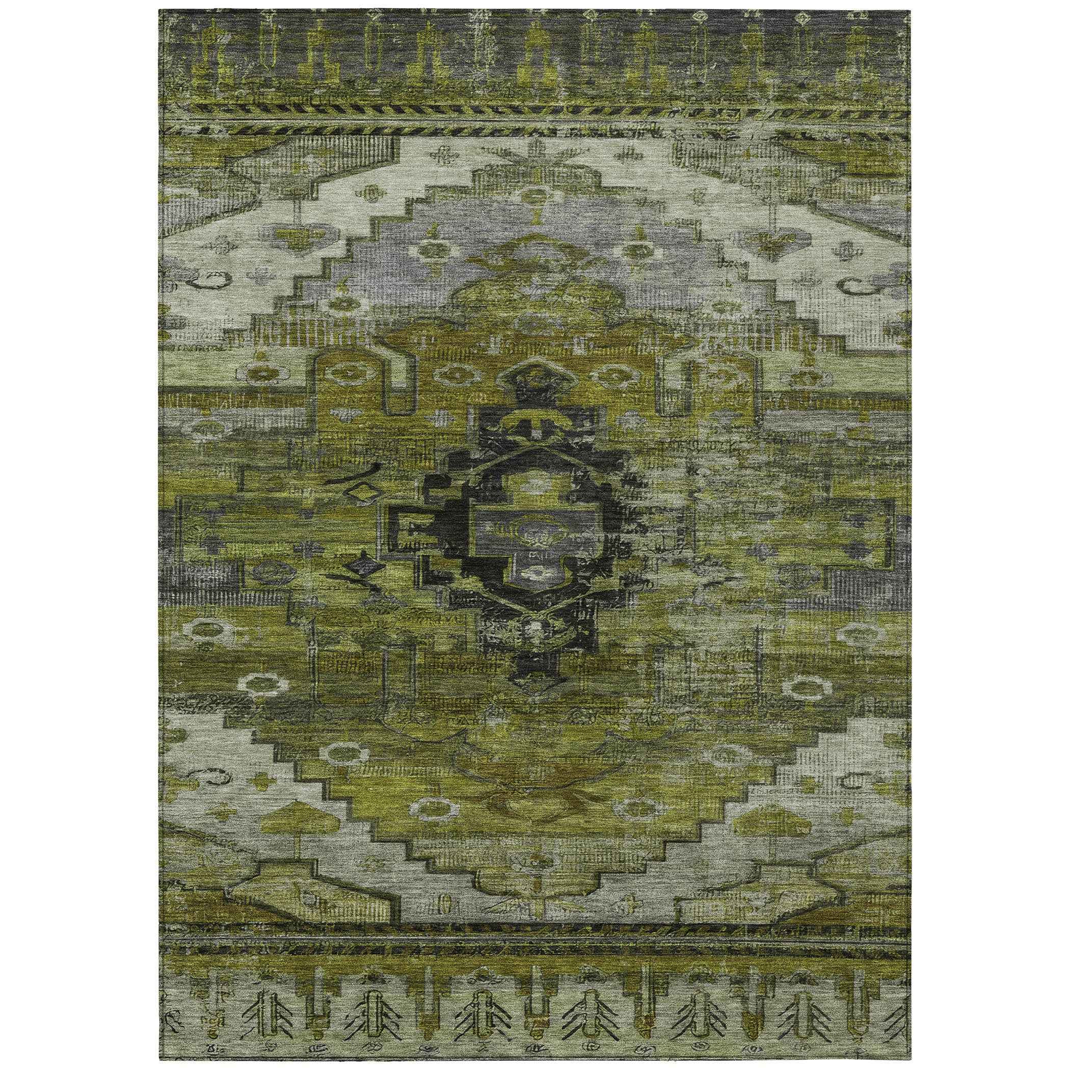 10' X 14' Olive Green Ivory And Gray Tribal Washable Indoor Outdoor Area Rug