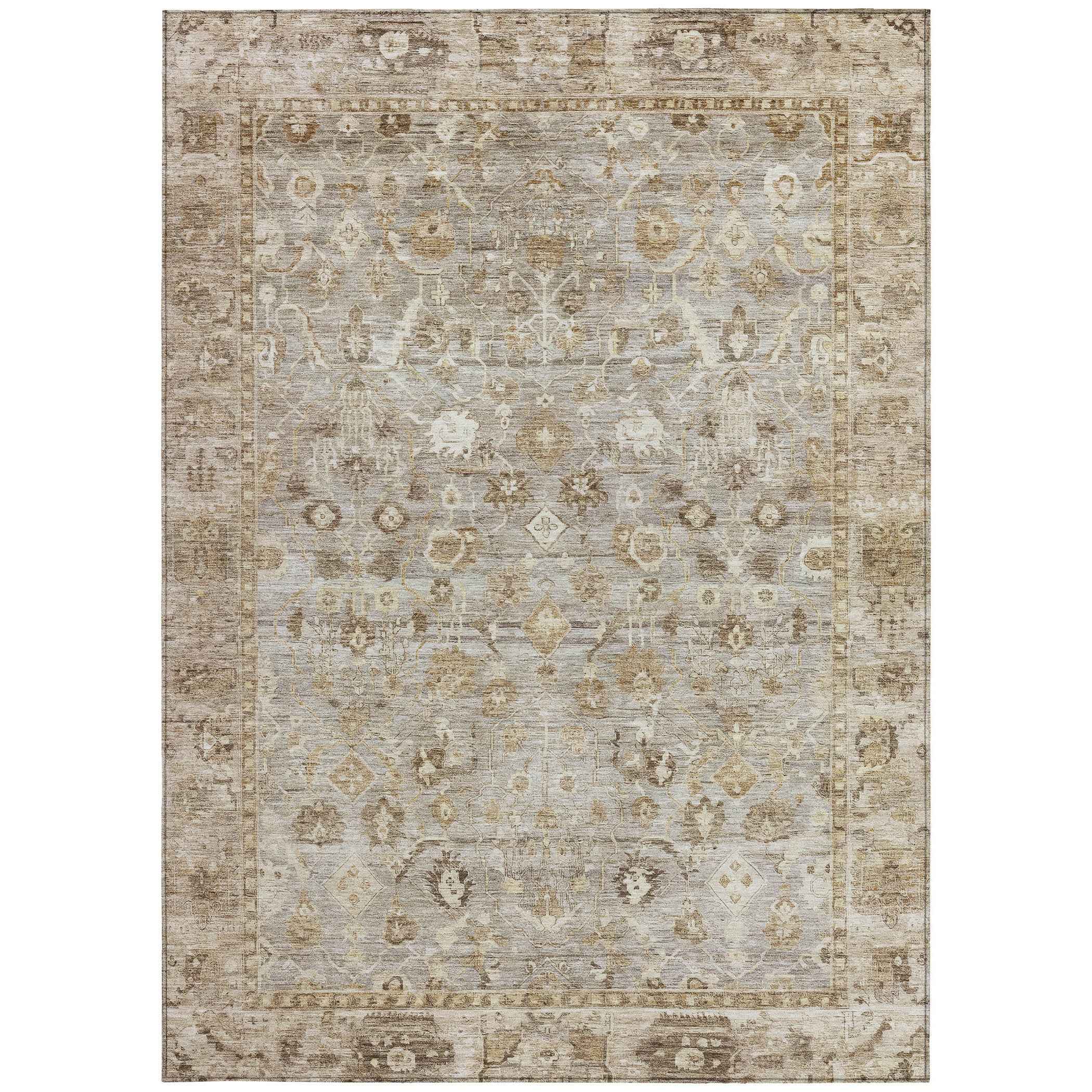 5' X 8' Taupe Brown And Ivory Oriental Washable Indoor Outdoor Area Rug