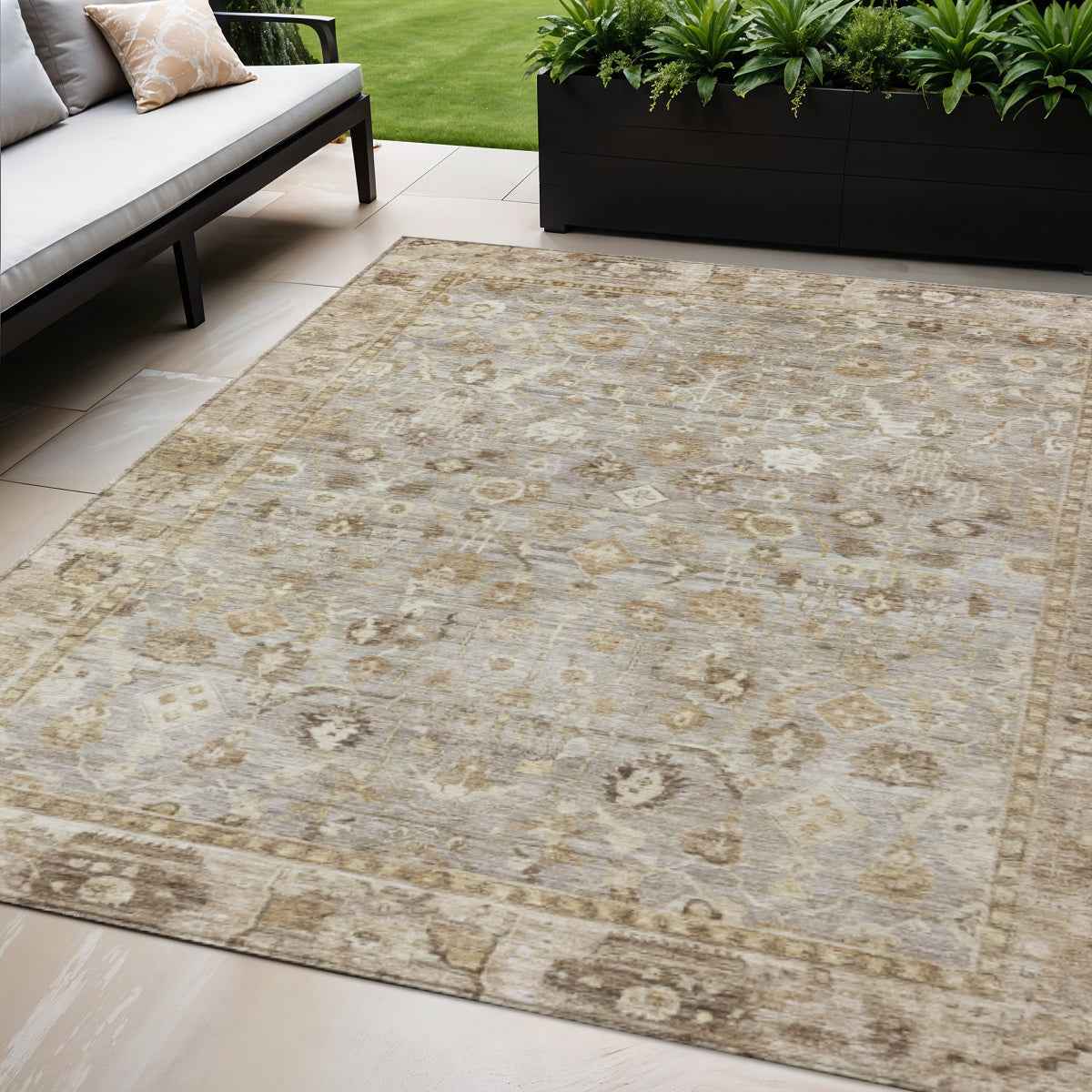 5' X 8' Taupe Brown And Ivory Oriental Washable Indoor Outdoor Area Rug