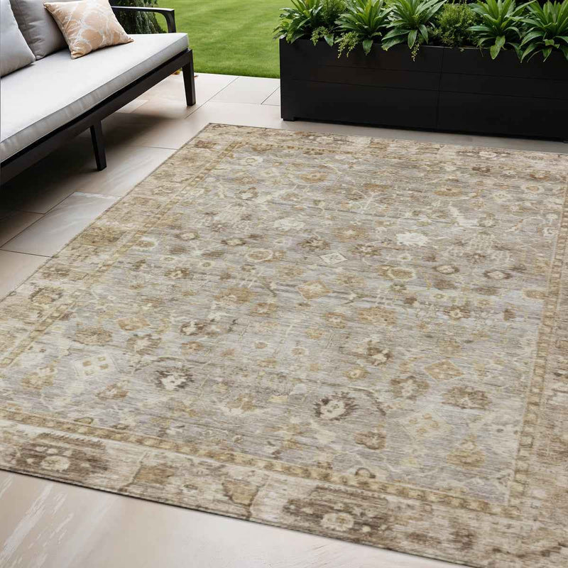 5' X 8' Taupe Brown And Ivory Oriental Washable Indoor Outdoor Area Rug