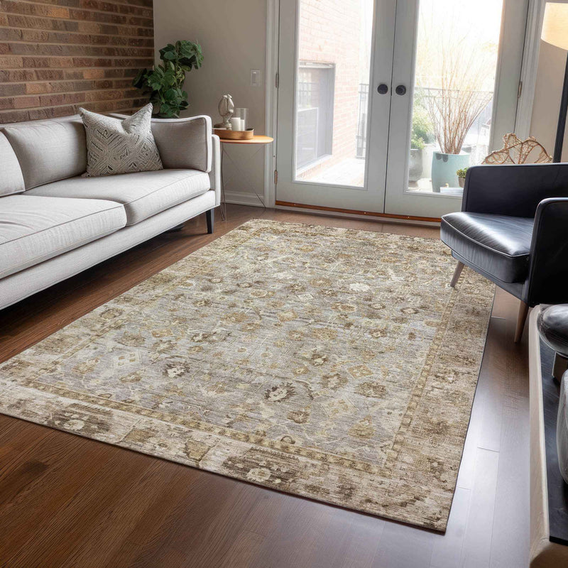 5' X 8' Taupe Brown And Ivory Oriental Washable Indoor Outdoor Area Rug