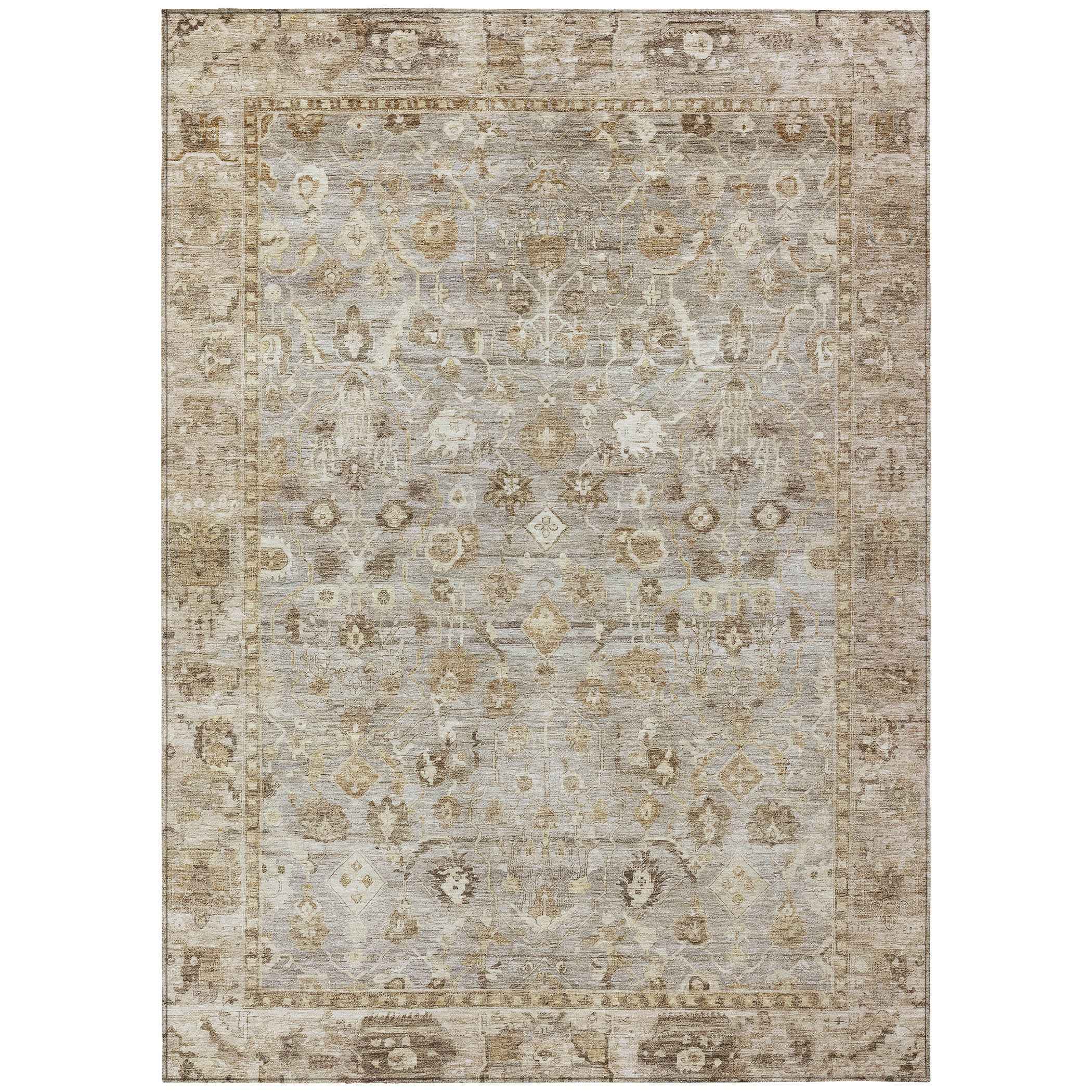 5' X 8' Taupe Brown And Ivory Oriental Washable Indoor Outdoor Area Rug