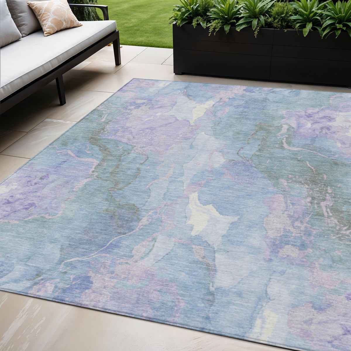5' X 8' Lavender And Sky Blue Abstract Washable Indoor Outdoor Area Rug