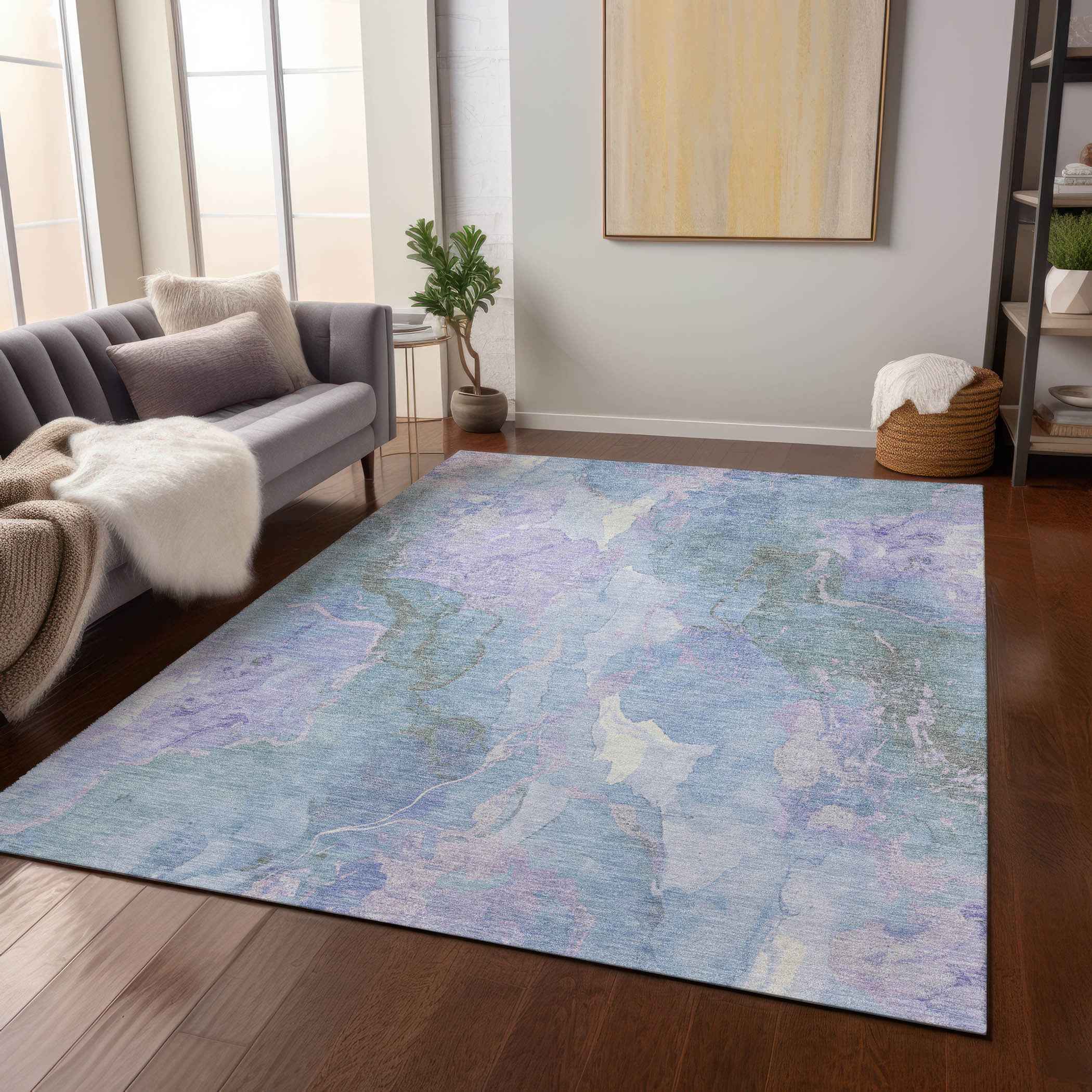 5' X 8' Lavender And Sky Blue Abstract Washable Indoor Outdoor Area Rug